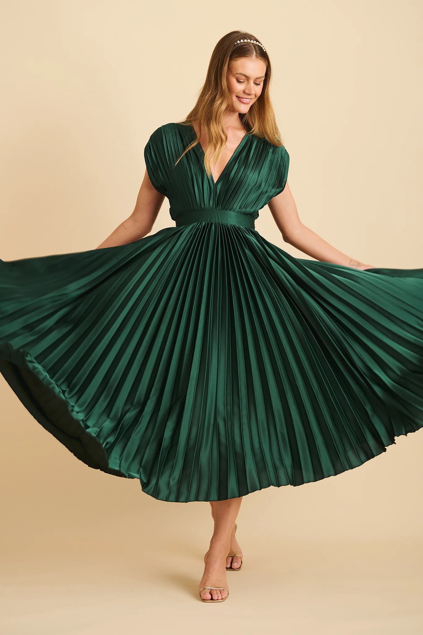 Pleated Emerald Satin Midi Dress
