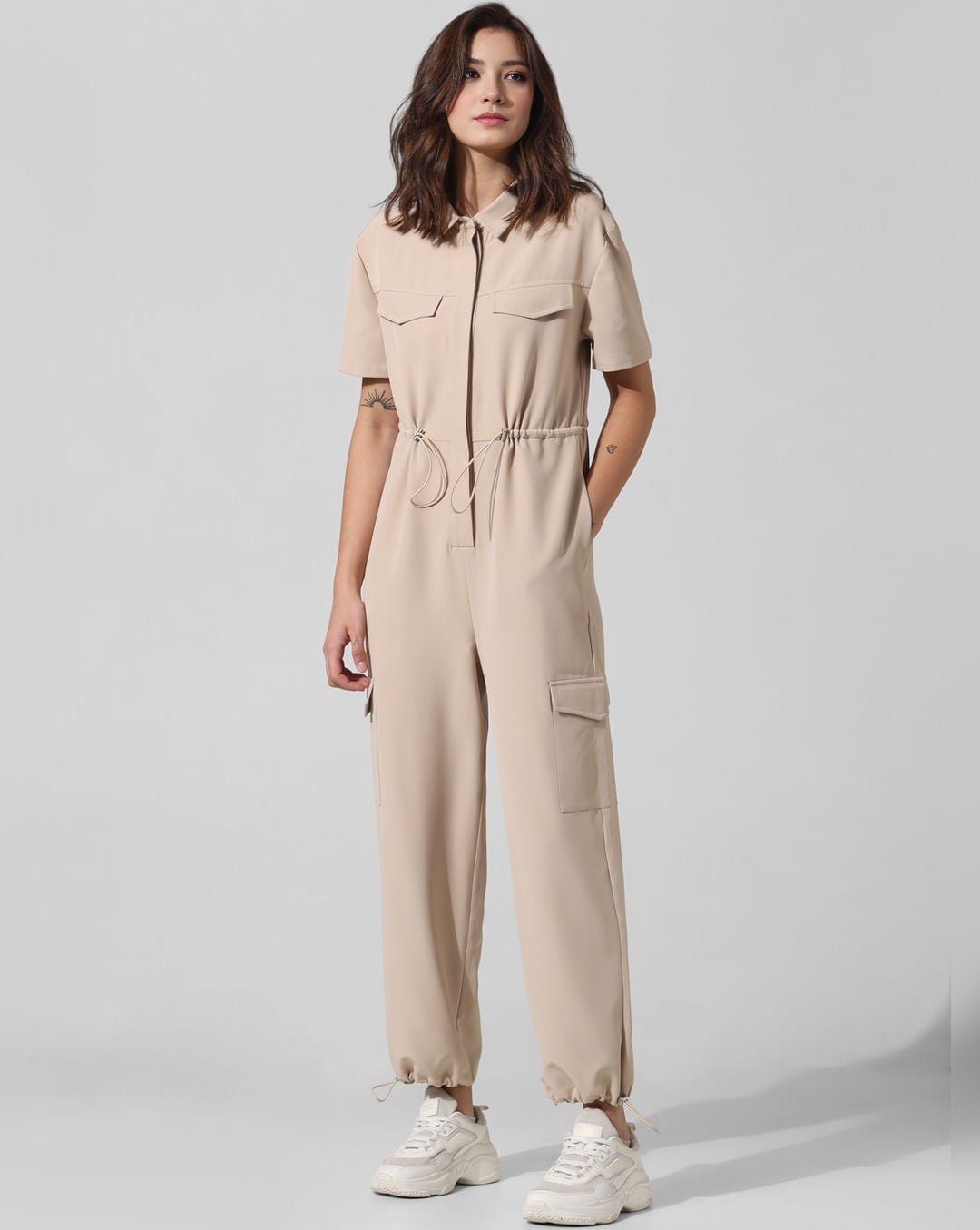 Beige Utility-Inspired Cargo Jumpsuit