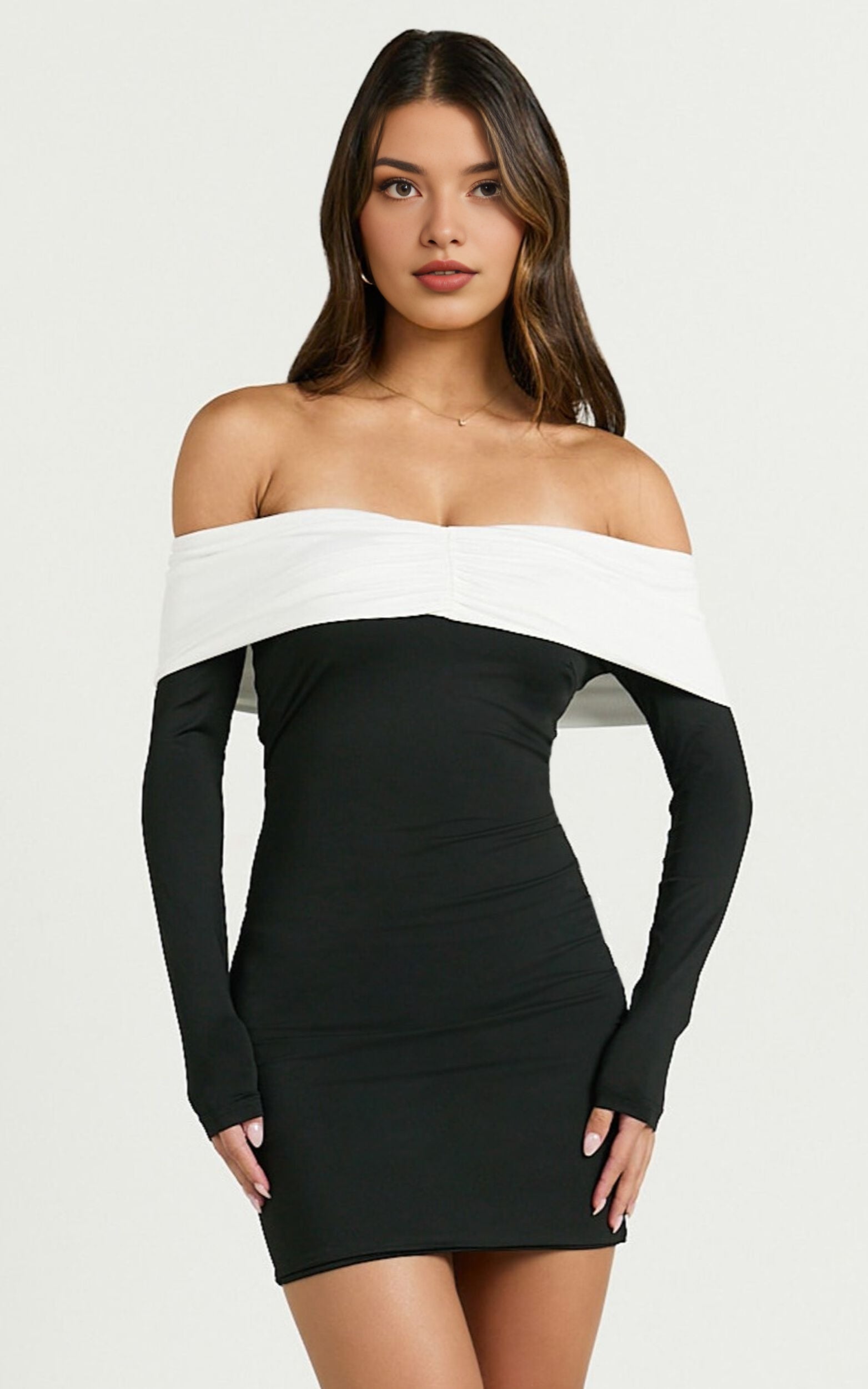 Off Shoulder Contrast Long Sleeve Dress