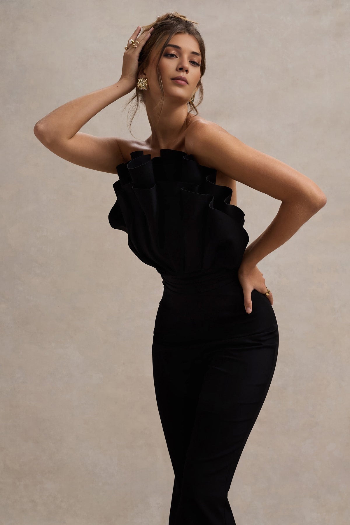 Black Ruffled Strapless Bell-Bottom Jumpsuit