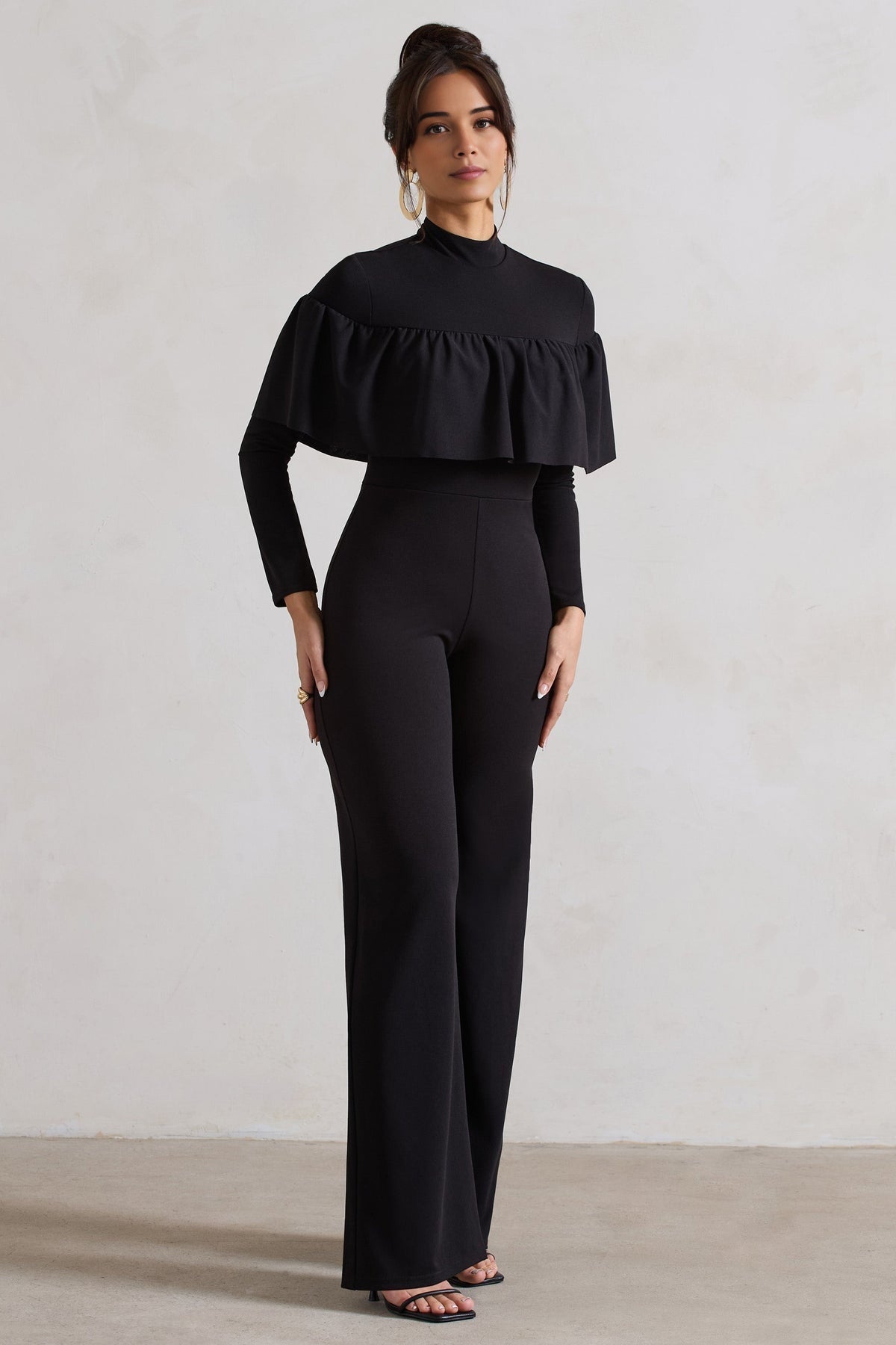 Black High-Neck Straight-Leg Jumpsuit with Ruffles