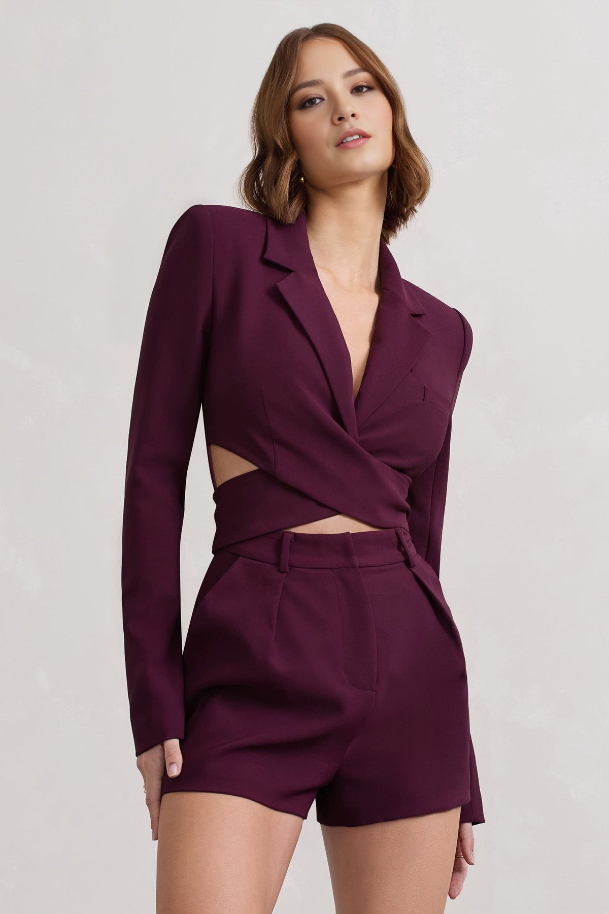 Plum Deep-V Belted Tailored Romper