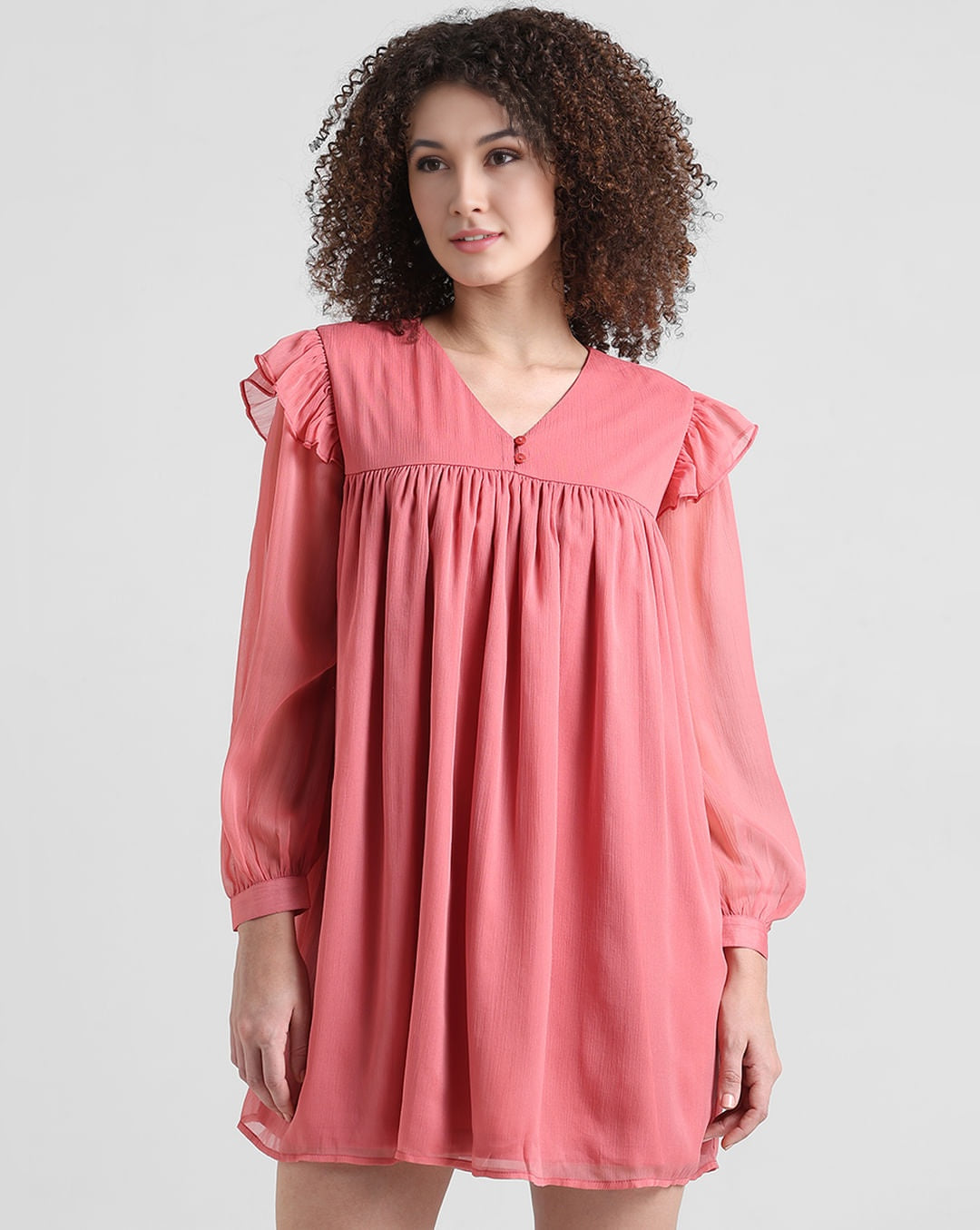 Light Red Chiffon Dress with V-Neck