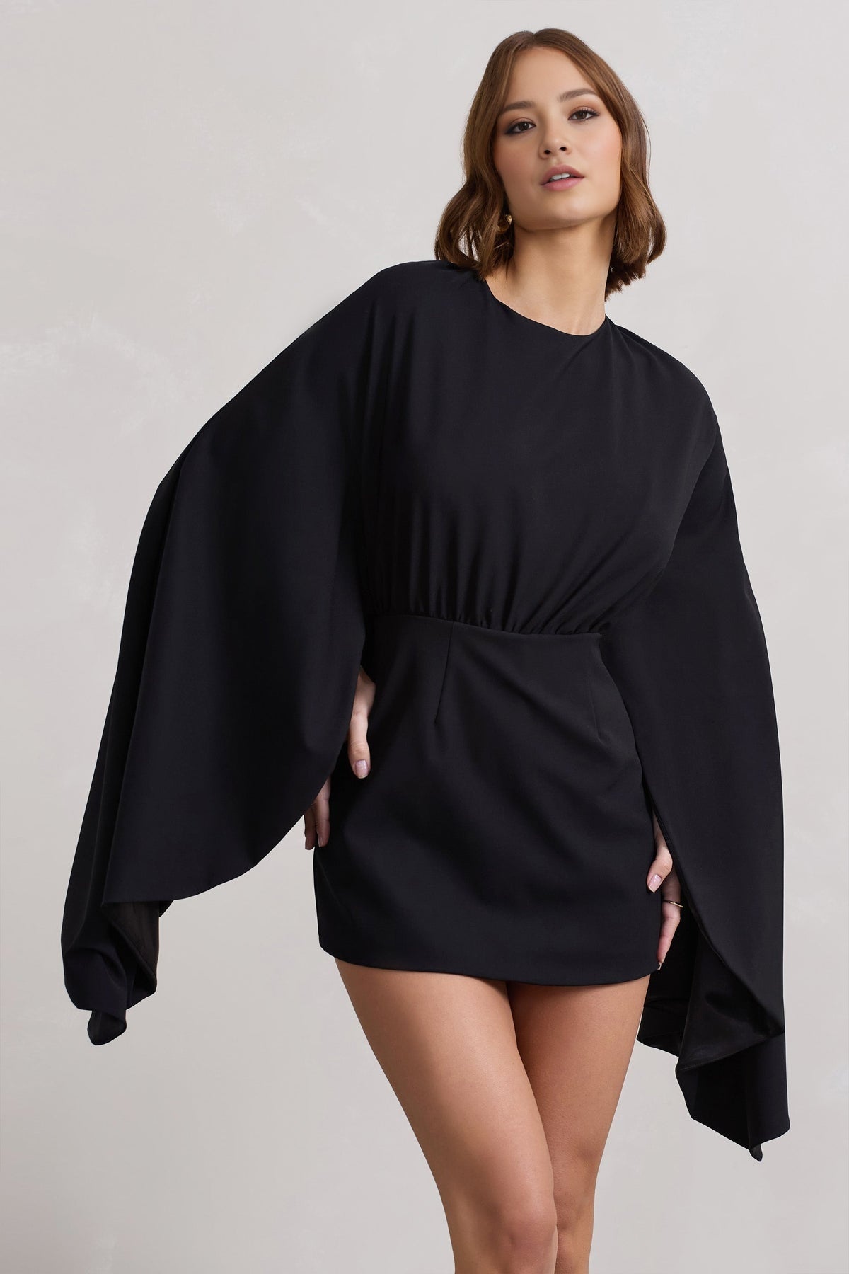 Black Open-Back Skort Jumpsuit with Cape