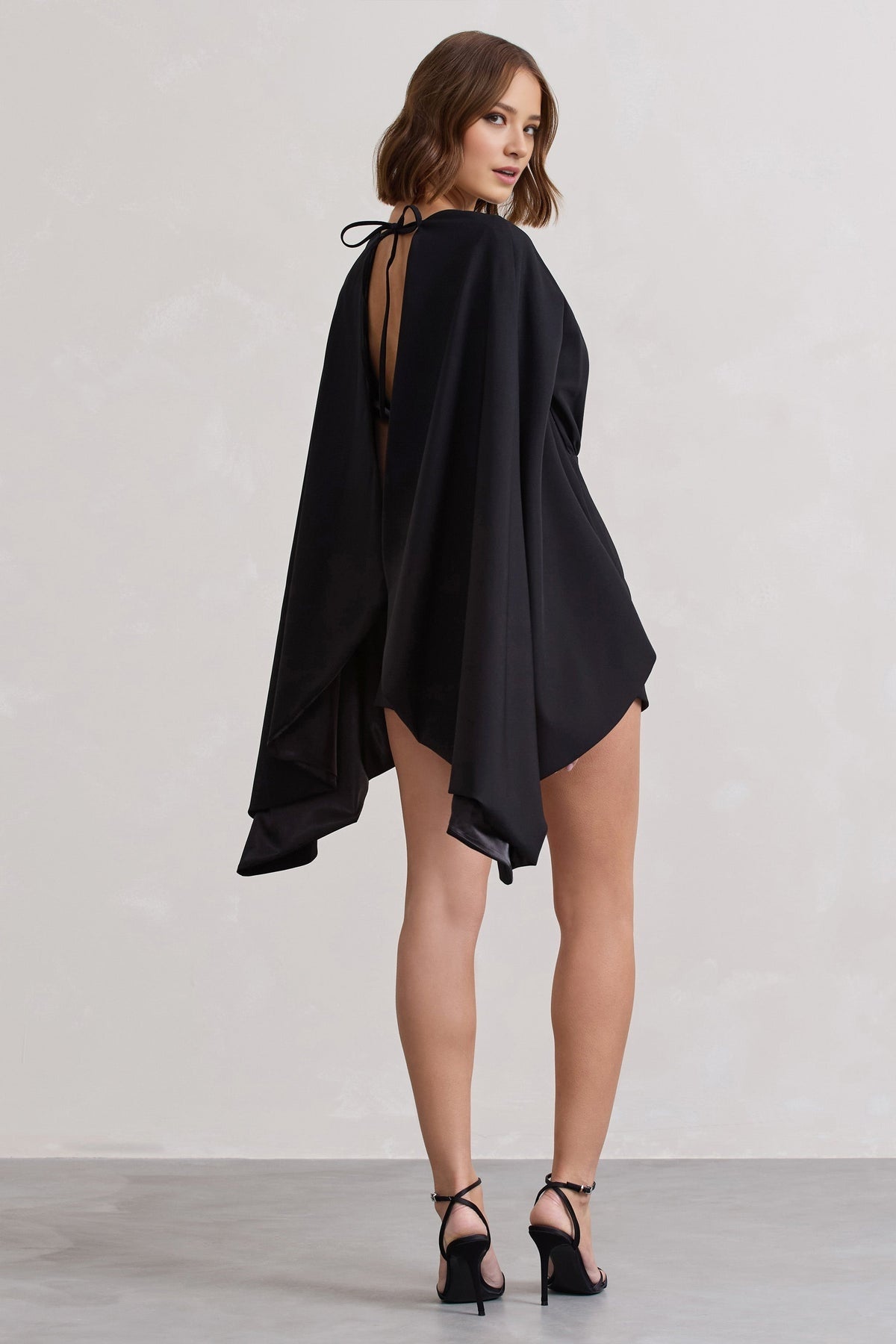 Black Open-Back Skort Jumpsuit with Cape