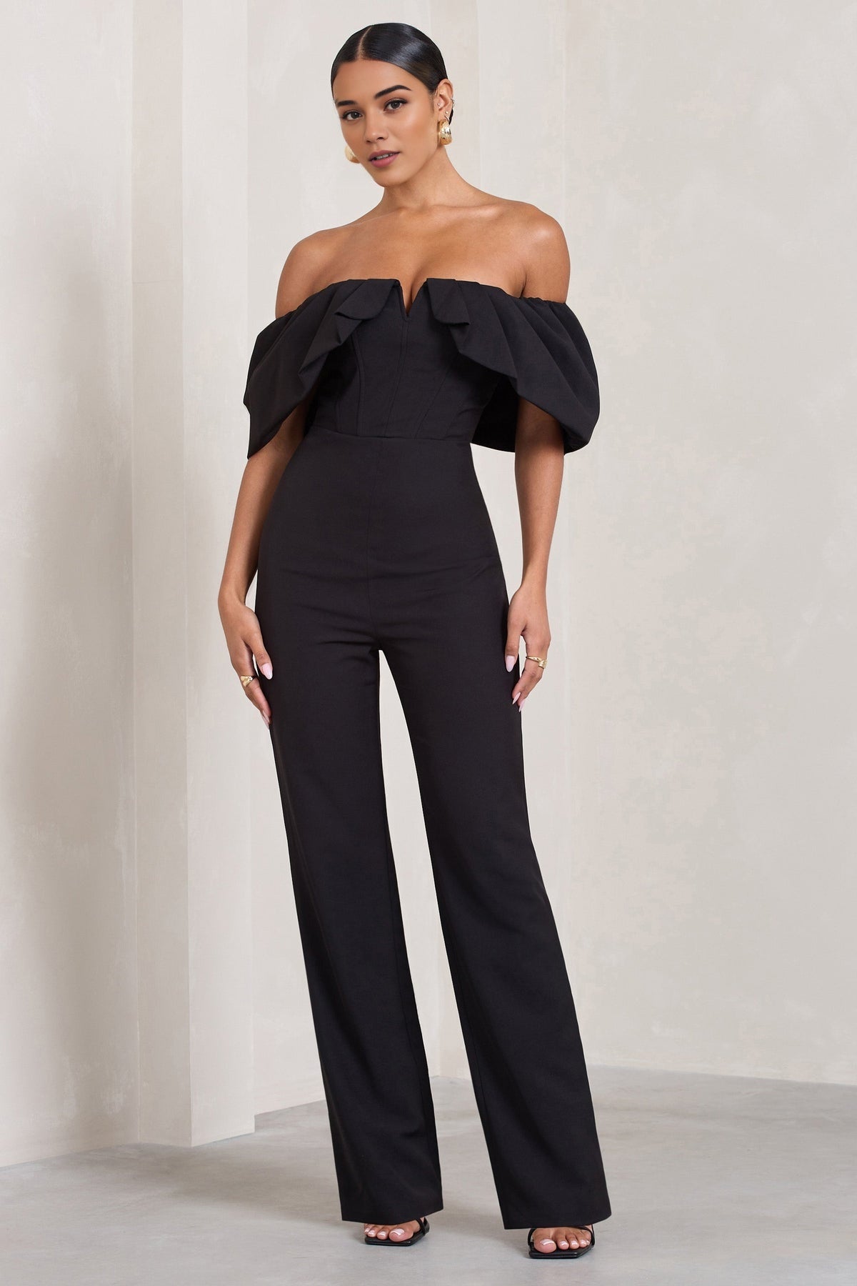 Black Off-The-Shoulder Wide-Leg Jumpsuit